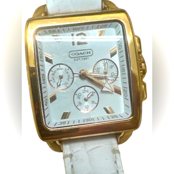 Coach Gold & White Women's Leather Band Multifunction Chronograph Wristwatch - Picture 1 of 8